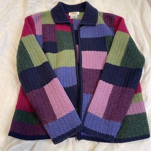 Talbots petites small multicolor patchwork full zip 100% wool cardigan sweater